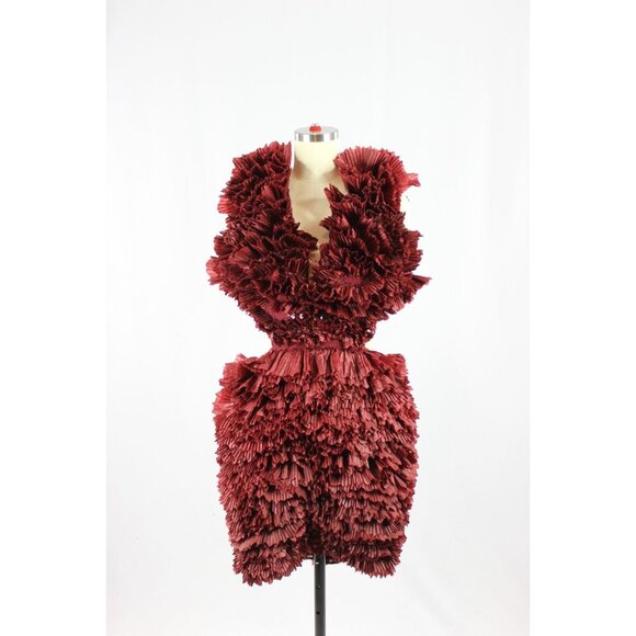 ASOS LUXE Oxblood Red Pleated Ruffle Plunge Neck Mini Halter Dress, Size 10 - Picture 1 of 16